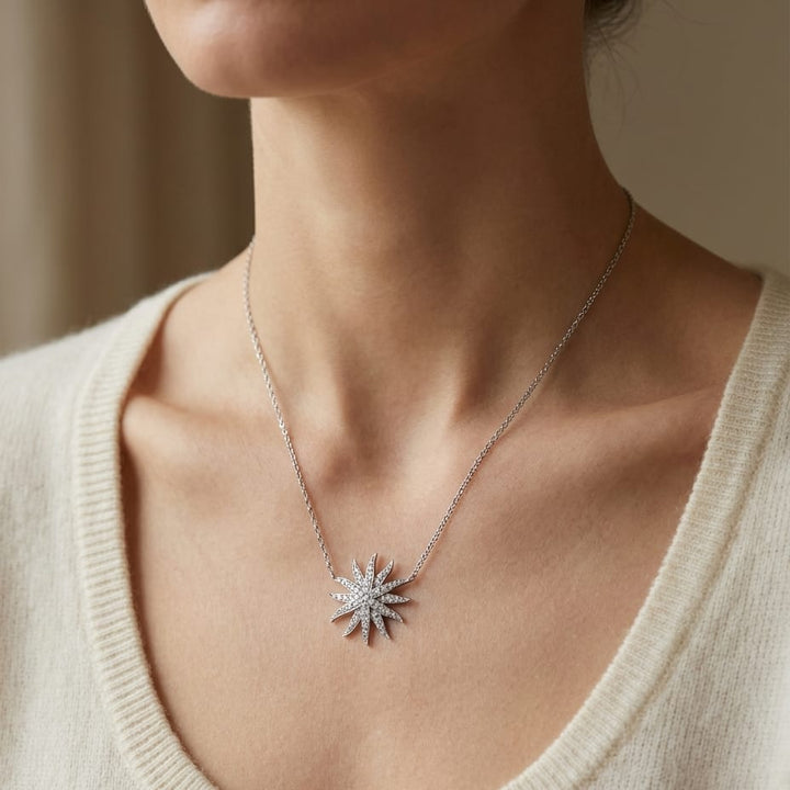 Diamond Pave Aqua Star Necklace in 14K White Gold, 16-18 Inch Adj Chain, worn close-up portrait