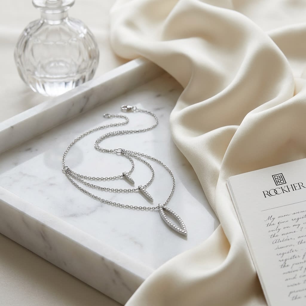 Diamond Pave Trio Icicles Layered Necklace in 14K White Gold, on marble vanity tray with silk