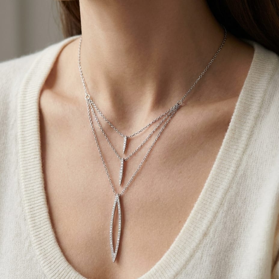 Diamond Pave Trio Icicles Layered Necklace in 14K White Gold, worn close-up portrait