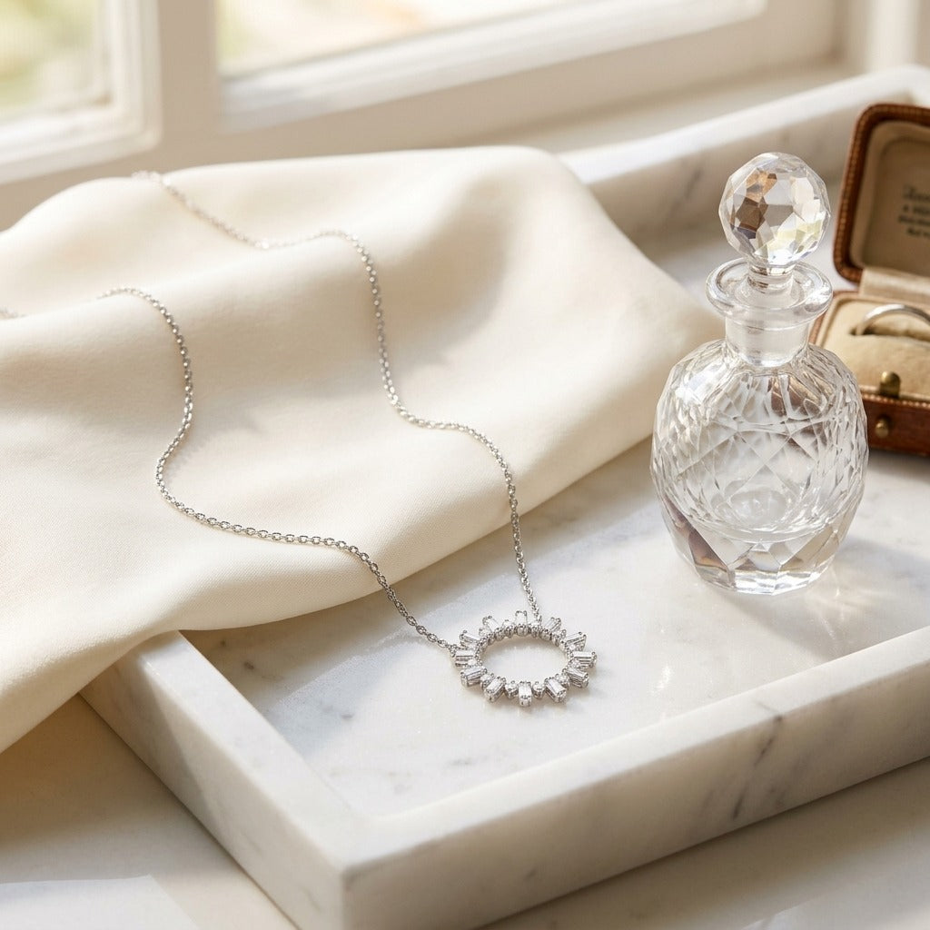 Diamond Sun Ray Necklace 3/4ctw, Adjustable 16-18 Inch Length in 14K White Gold - editorial
