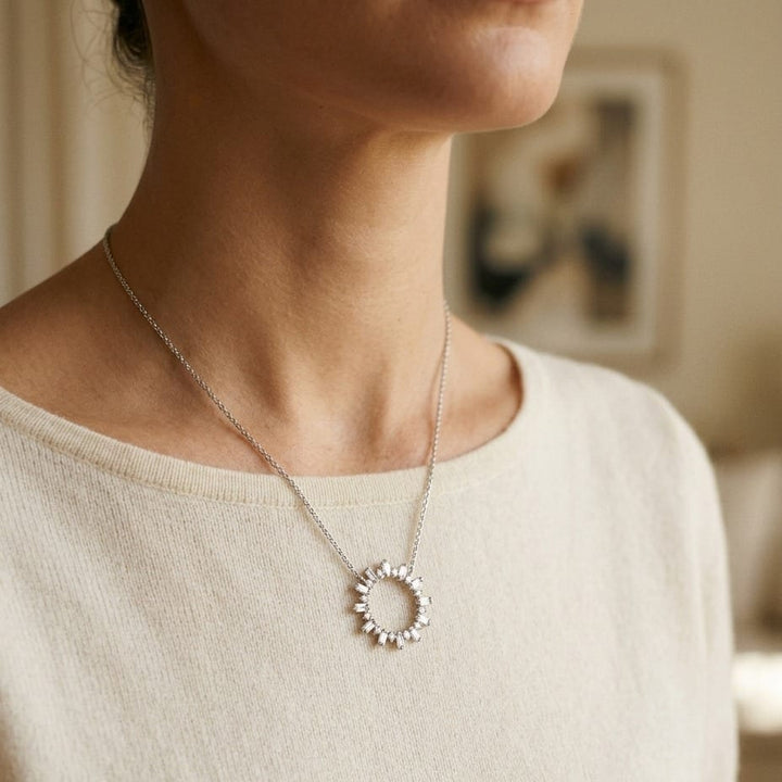 Diamond Sun Ray Necklace 3/4ctw, Adjustable 16-18 Inch Length in 14K White Gold - lifestyle