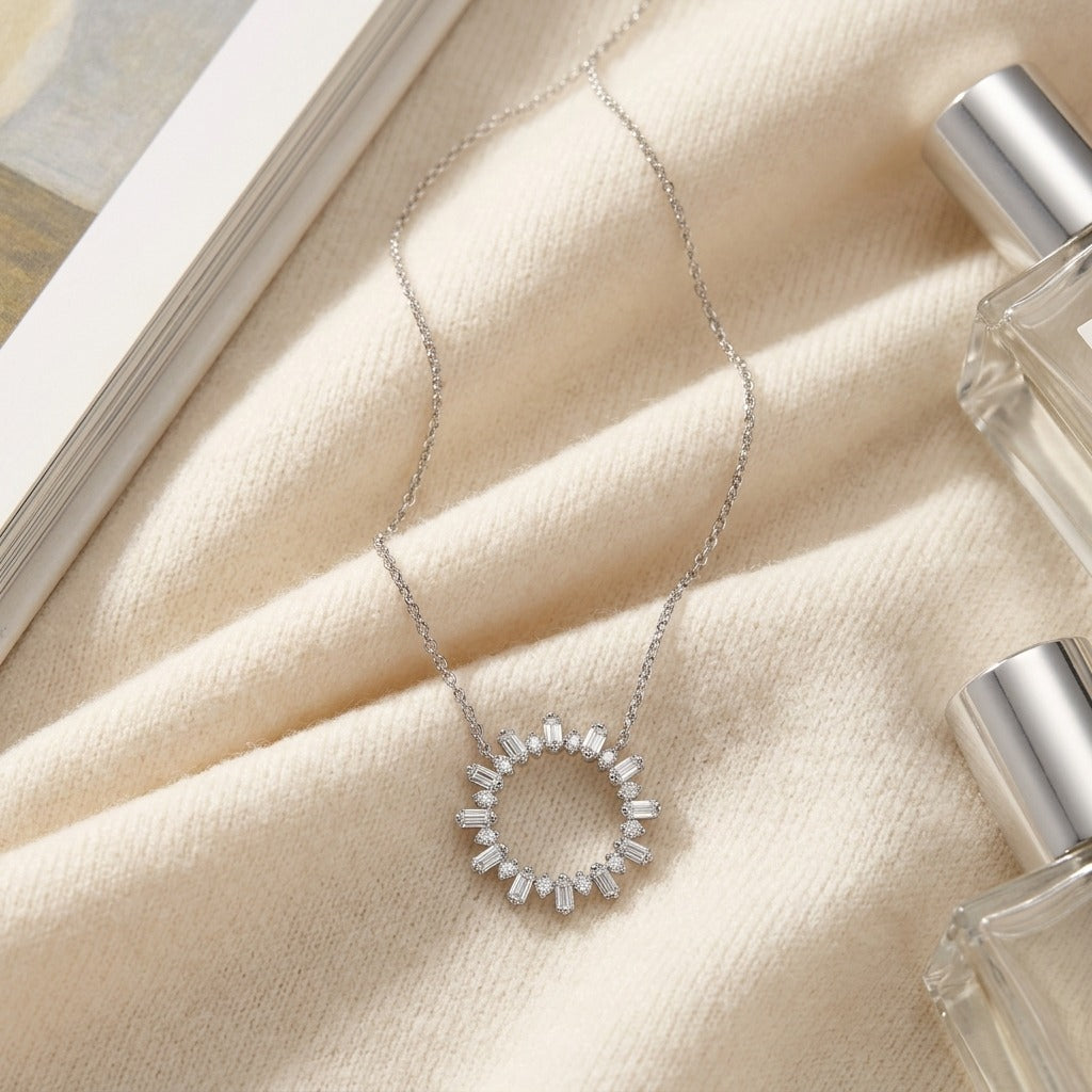 Diamond Sun Ray Necklace 3/4ctw, Adjustable 16-18 Inch Length in 14K White Gold - flat lay