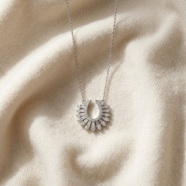 Round 3/8ctw & 1/3ctw Baguette Diamond Necklace with 16-18 Adj Chain Set in 14K White Gold - flat lay