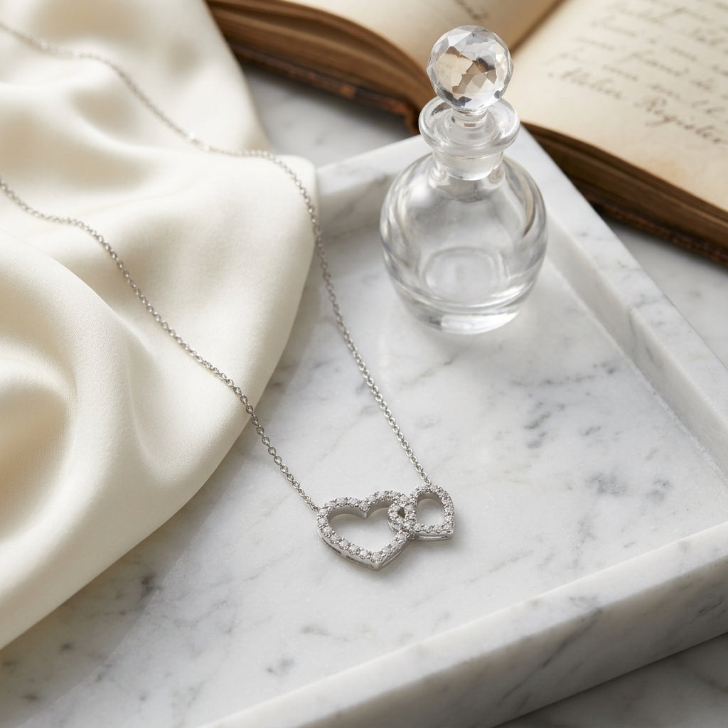 Diamond Interlocking Heart Necklace in 14 Karat White Gold 1/3ctw Adjustable 16-17-18 Inch in 14K White Gold - editorial