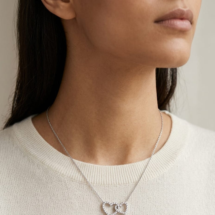 Diamond Interlocking Heart Necklace in 14 Karat White Gold 1/3ctw Adjustable 16-17-18 Inch in 14K White Gold - lifestyle