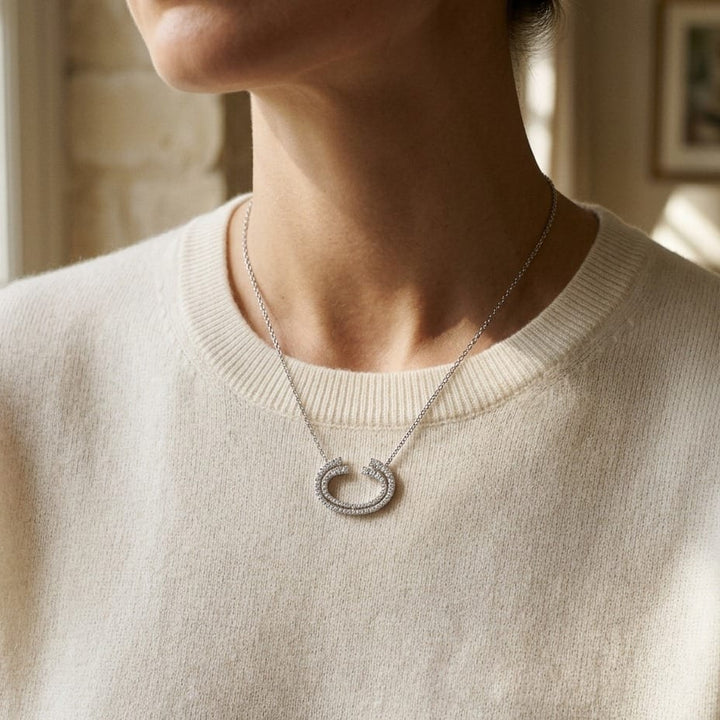 Diamond Crescent Necklace 1/4ctw Adjustable 16-17-18 Inch in 14K White Gold - lifestyle