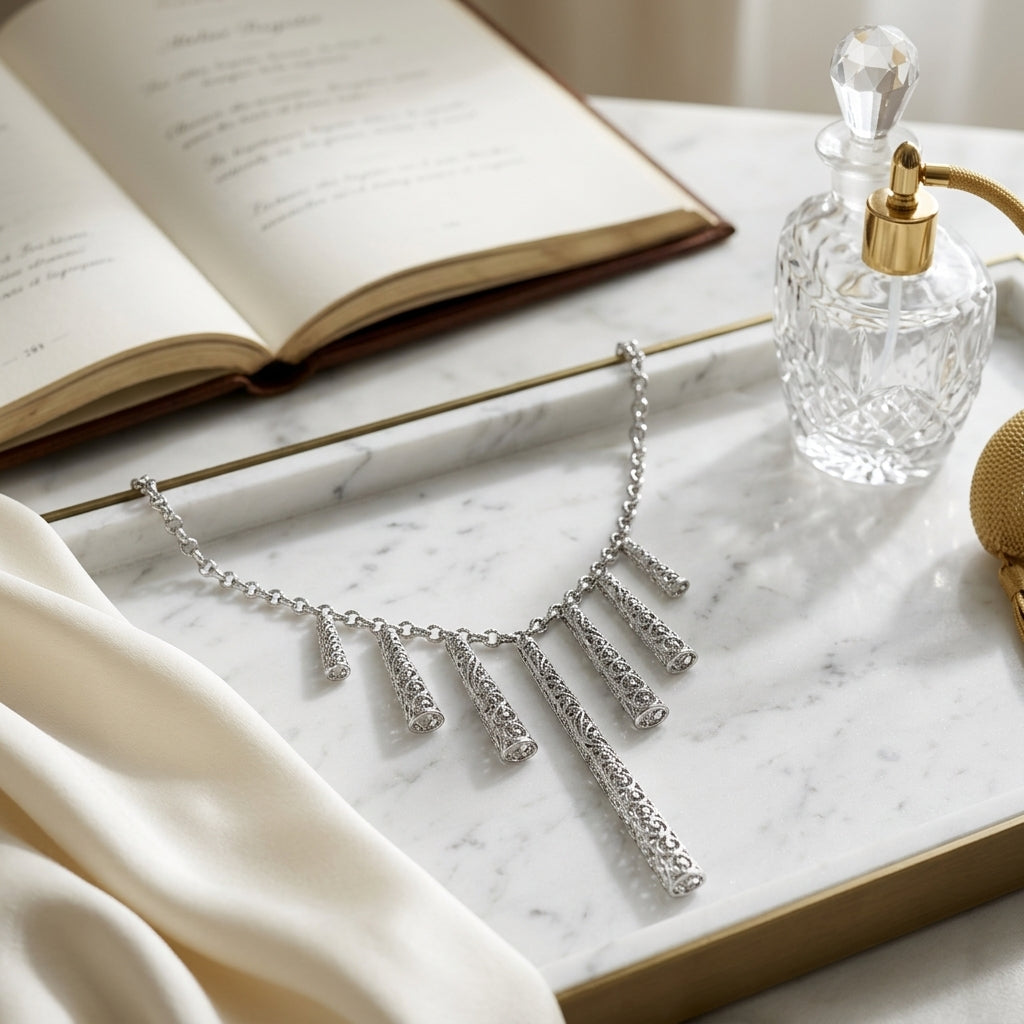 Diamond Dangle Stick Necklace 1/3ctw Adjustable 16-17-18 Inch in 14K White Gold - lifestyle