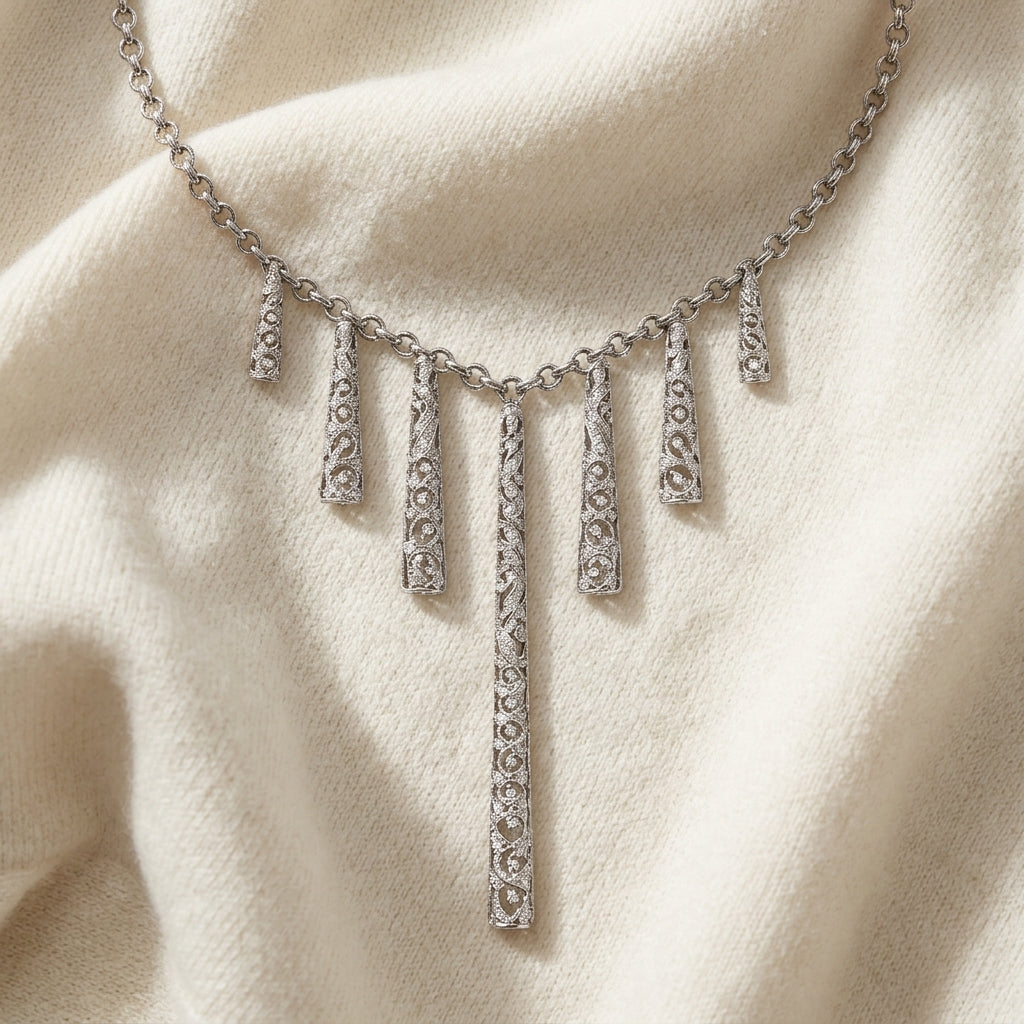 Diamond Dangle Stick Necklace 1/3ctw Adjustable 16-17-18 Inch in 14K White Gold - flat lay