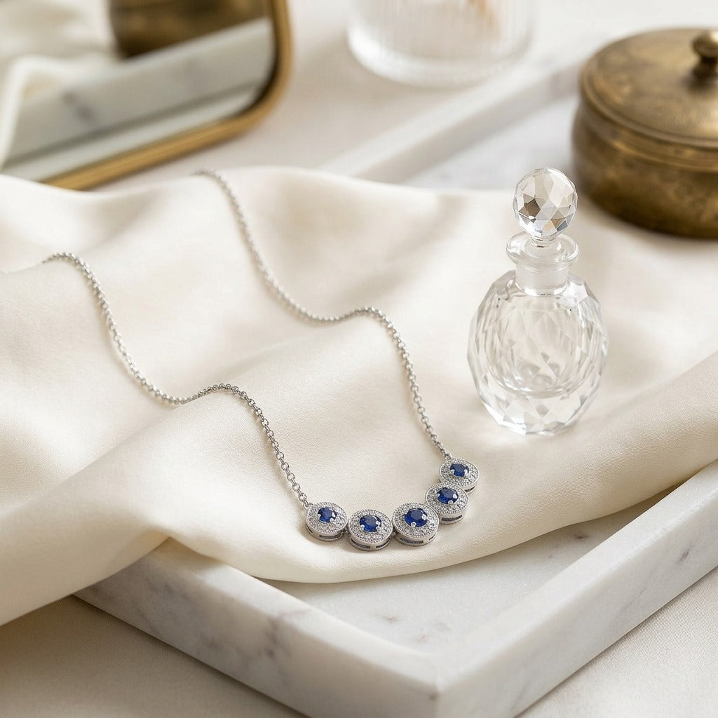 Sapphire & Diamond Five Section Graduated Halo Curved Necklace in 14K White Gold - lifestyle