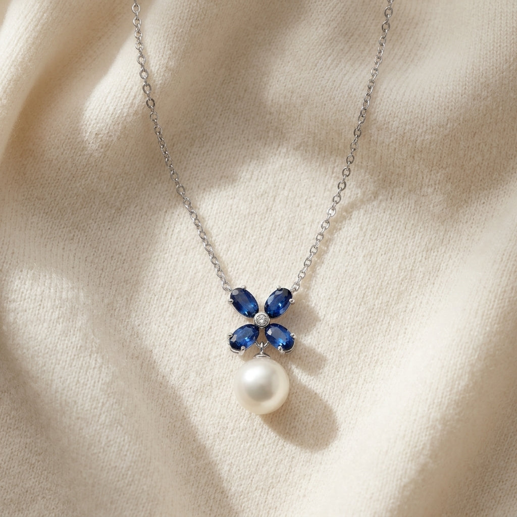 Freshwater Pearl Blue Sapphire & Diamond Floral Necklace in 14K White Gold - flat lay