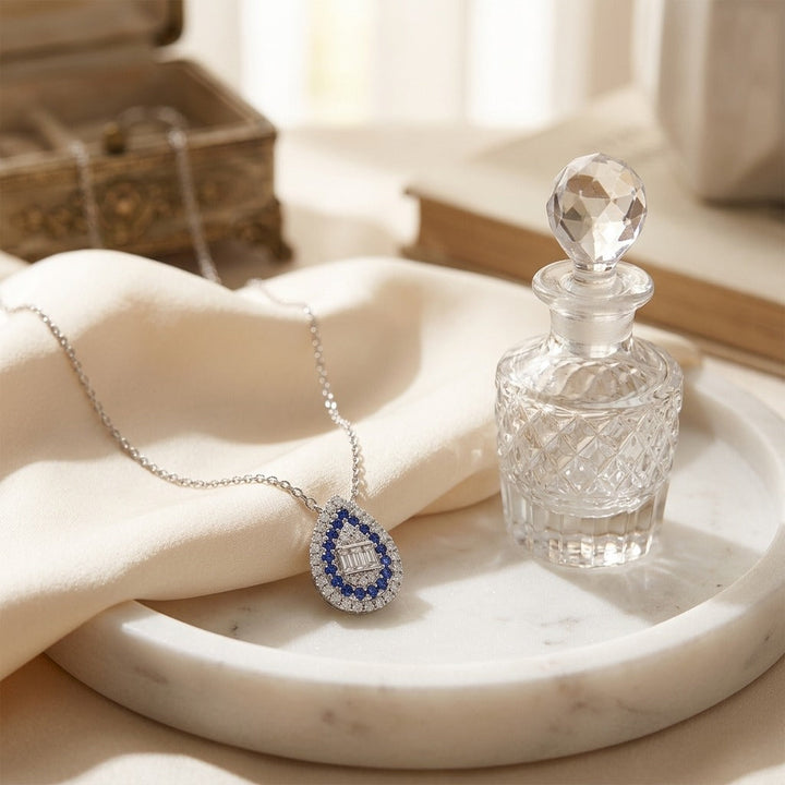 Sapphire & Diamond Pear Shape Necklace 16-18 Inch Adjustable Cable Chain in 14K White Gold - lifestyle