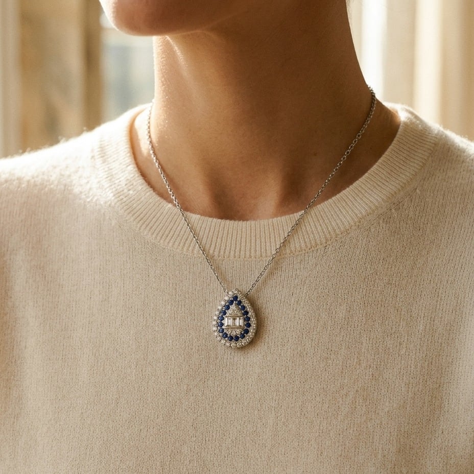 Sapphire & Diamond Pear Shape Necklace 16-18 Inch Adjustable Cable Chain in 14K White Gold - editorial
