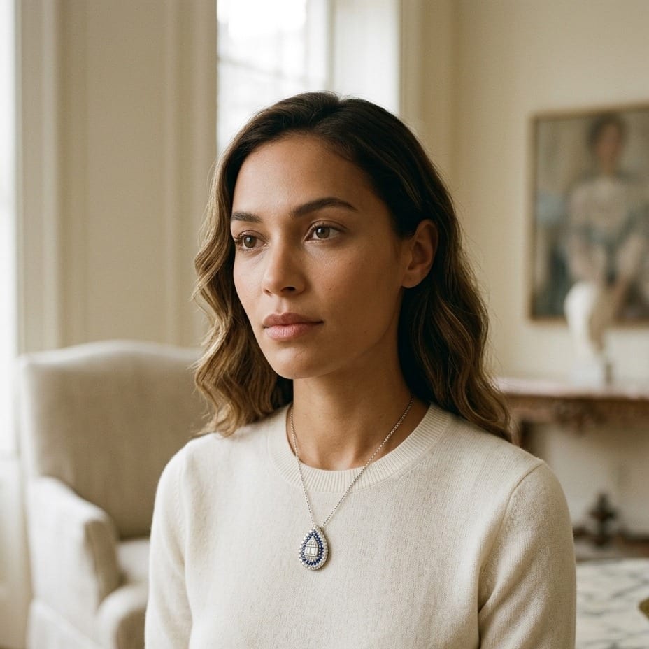 Sapphire & Diamond Pear Shape Necklace 16-18 Inch Adjustable Cable Chain in 14K White Gold - on model