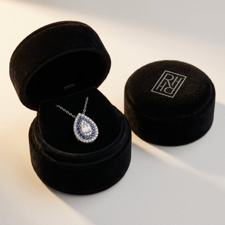 Sapphire & Diamond Pear Shape Necklace 16-18 Inch Adjustable Cable Chain in 14K White Gold - presentation