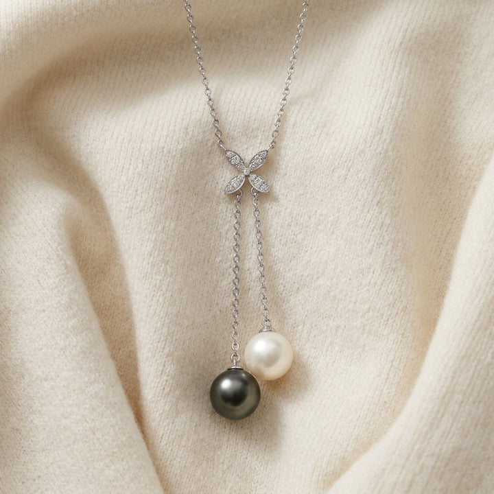 Tahitian & Freshwater Pearl with Diamond Accent Floral Necklace in 14K White Gold - flat lay