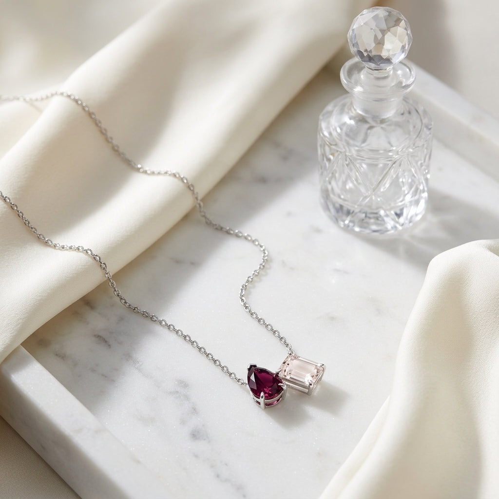Rhodolite Garnet & Morganite Toi Et Moi Necklace in 14K White Gold - editorial