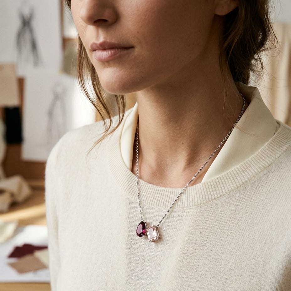 Rhodolite Garnet & Morganite Toi Et Moi Necklace in 14K White Gold - lifestyle