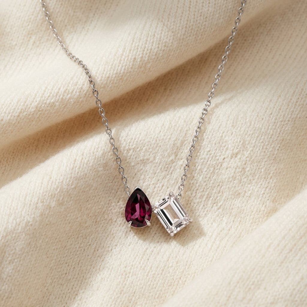 Rhodolite Garnet & Morganite Toi Et Moi Necklace in 14K White Gold - flat lay