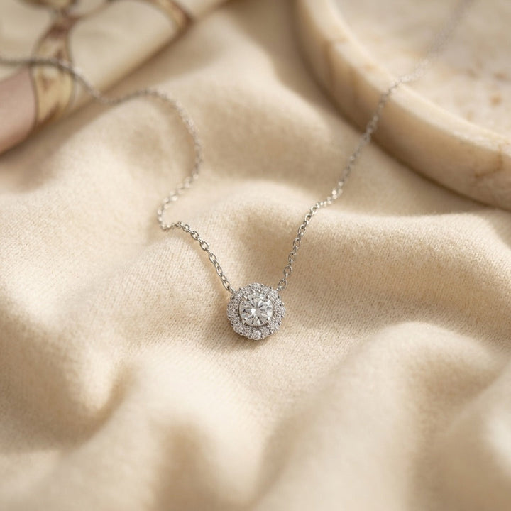 Diamond Halo Necklace 1ctw 16-18 Inch Adjustable Chain in 14K White Gold - flat lay