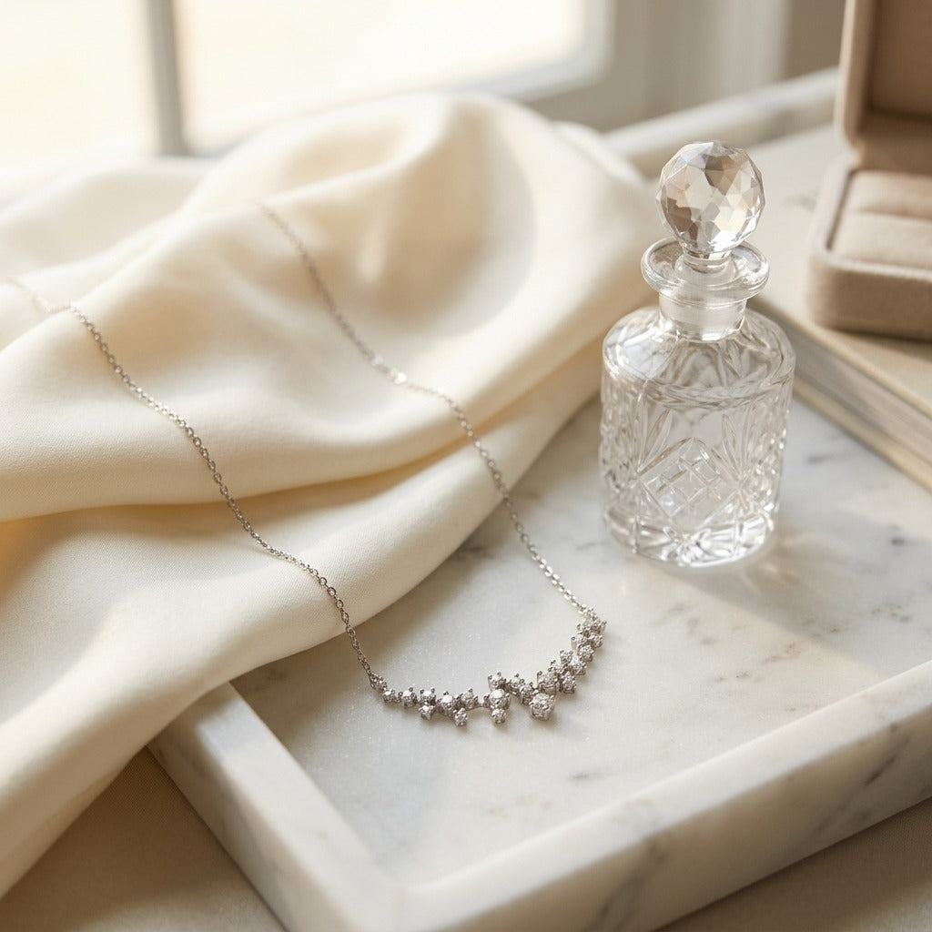 Diamond Round Brilliant Scattered Necklace 4/5ctw 16-18in Adj in 14K White Gold - lifestyle
