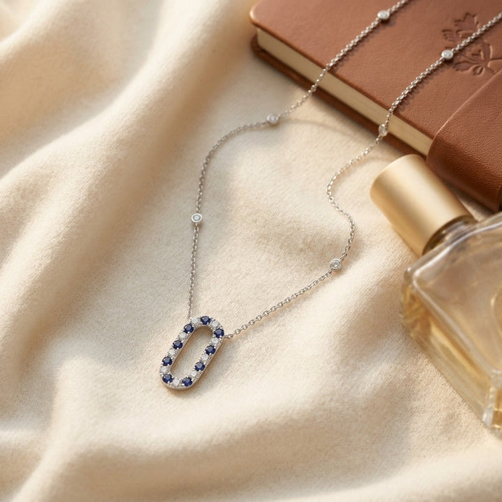 Sapphire & Diamond Alternating Paperclip Necklace 1/3ctw 16-18 Inch Adjustable Length in 14K White Gold - flat lay