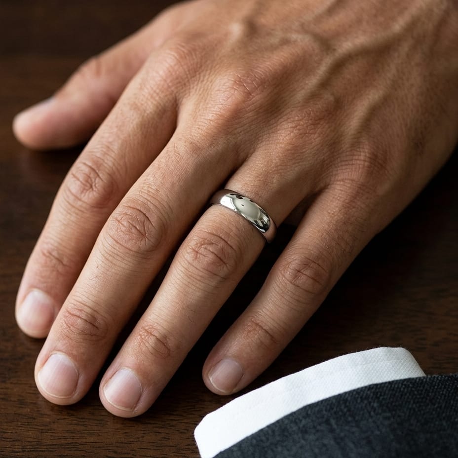 5mm Slightly Domed Traditional Oval Wedding Band in 14K White Gold, worn on hand, masculine close-up