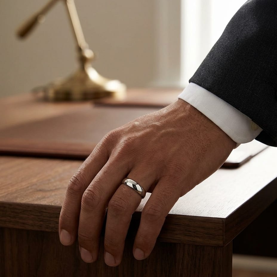 5mm Slightly Domed Traditional Oval Wedding Band in 14K White Gold, worn on hand, masculine full view