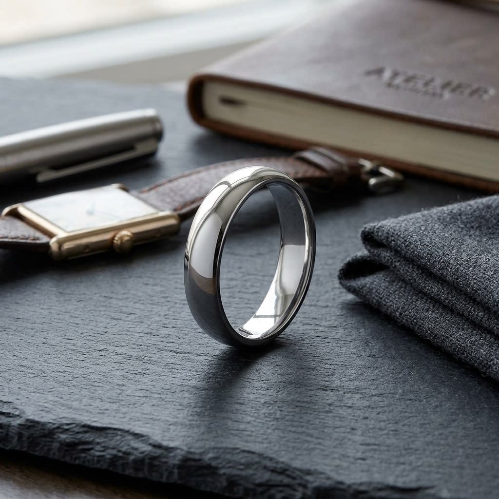 5mm Slightly Domed Traditional Oval Wedding Band in 14K White Gold, on walnut surface with pocket square