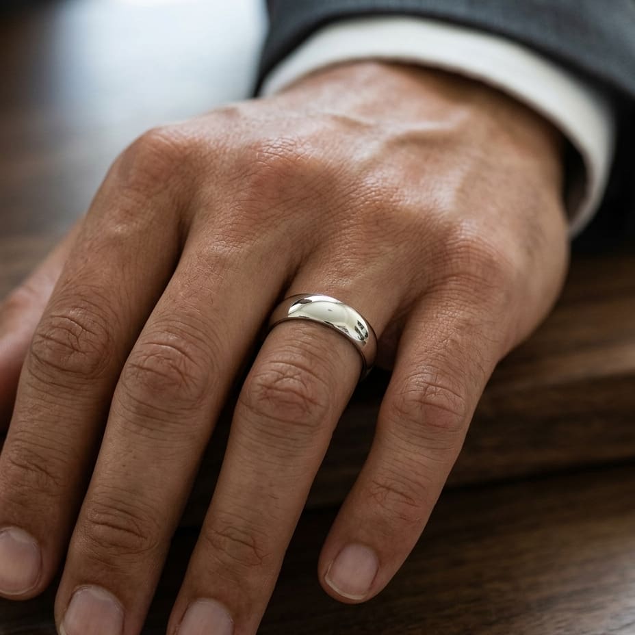 6mm Slightly Domed Traditional Oval Wedding Band in 14K White Gold, worn on hand, masculine close-up