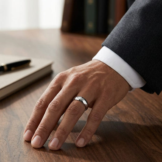 6mm Slightly Domed Traditional Oval Wedding Band in 14K White Gold, worn on hand, masculine full view
