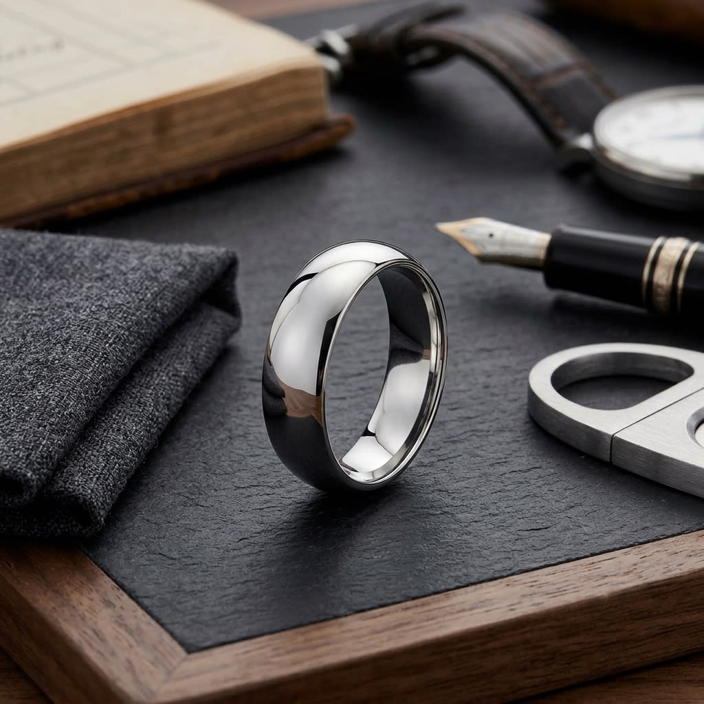6mm Slightly Domed Traditional Oval Wedding Band in 14K White Gold, on walnut surface with pocket square