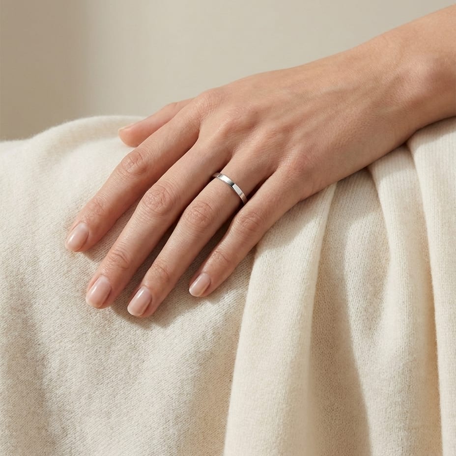 2mm Traditional Flat Wedding Band in 14K White Gold, worn on hand, full view