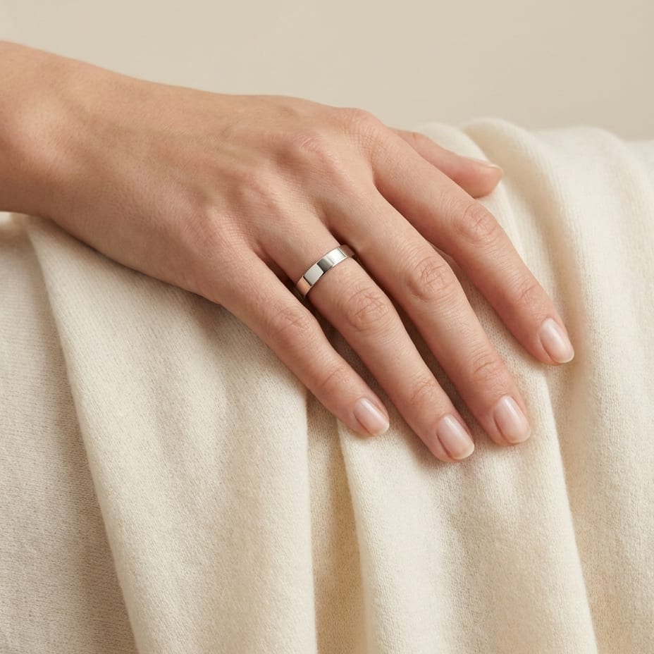 3mm Traditional Flat Wedding Band in 14K White Gold, worn on hand, full view