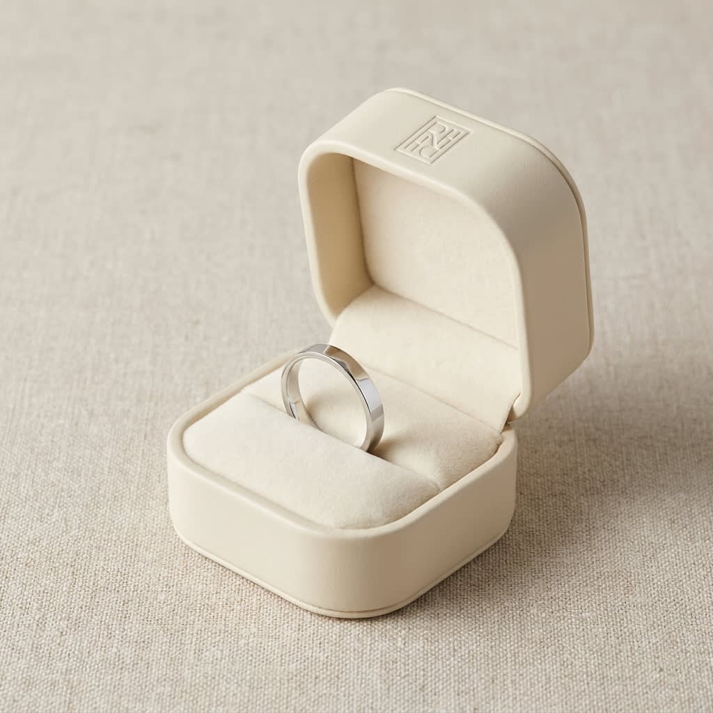 3mm Traditional Flat Wedding Band in 14K White Gold, in navy velvet jewelry box