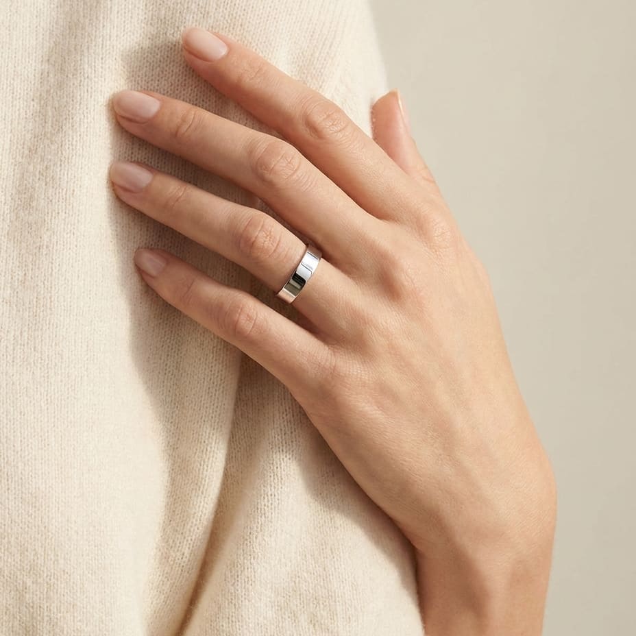 4mm Traditional Flat Wedding Band in 14K White Gold, worn on hand, full view