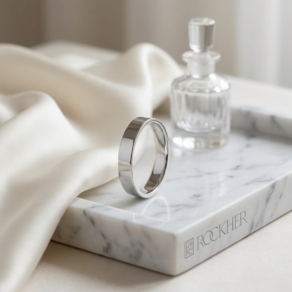 4mm Traditional Flat Wedding Band in 14K White Gold, on marble vanity tray with silk