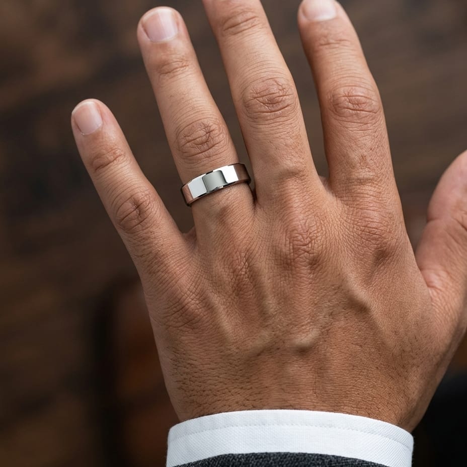 5mm Traditional Flat Wedding Band in 14K White Gold, worn on hand, masculine close-up