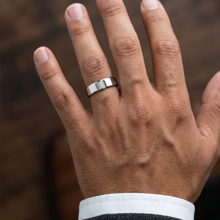 5mm Traditional Flat Wedding Band in 14K White Gold, worn on hand, masculine close-up