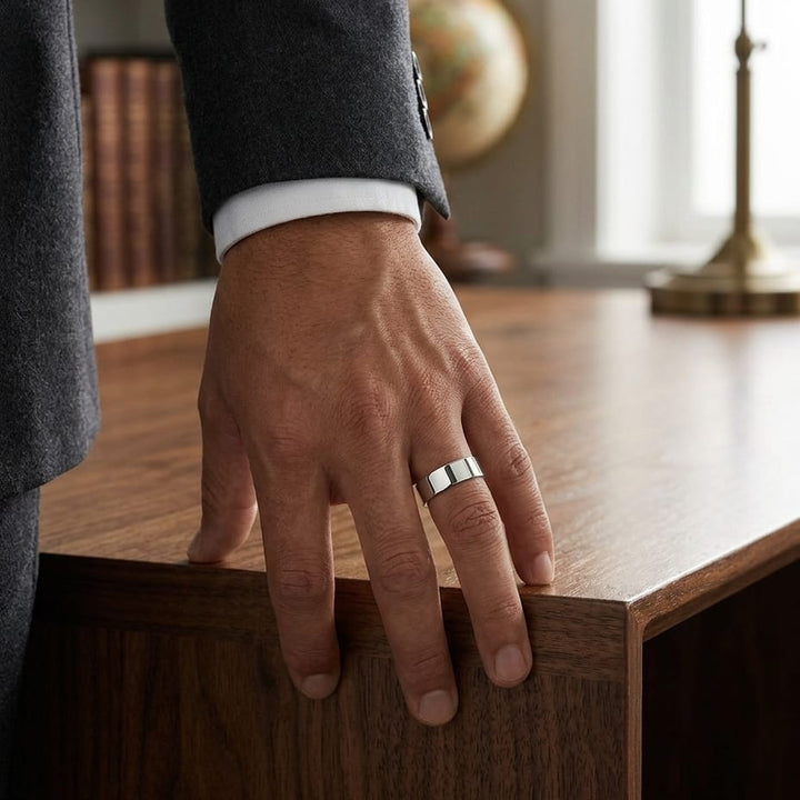 5mm Traditional Flat Wedding Band in 14K White Gold, worn on hand, masculine full view