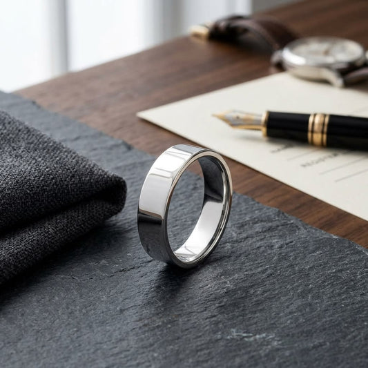 5mm Traditional Flat Wedding Band in 14K White Gold, on walnut surface with pocket square