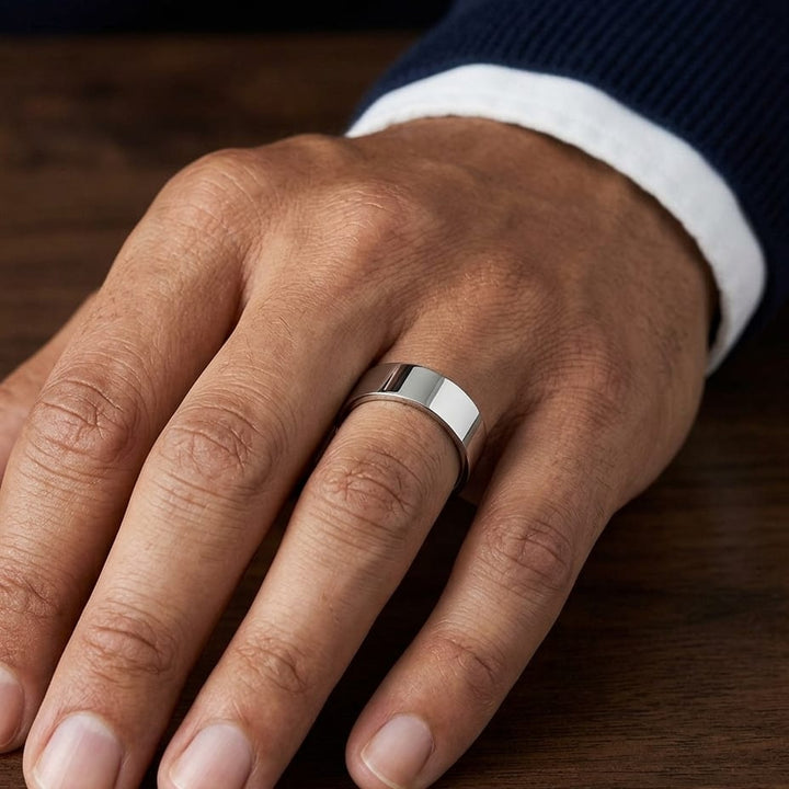 6mm Traditional Flat Wedding Band in 14K White Gold, worn on hand, masculine close-up