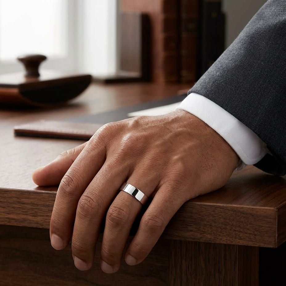 6mm Traditional Flat Wedding Band in 14K White Gold, worn on hand, masculine full view