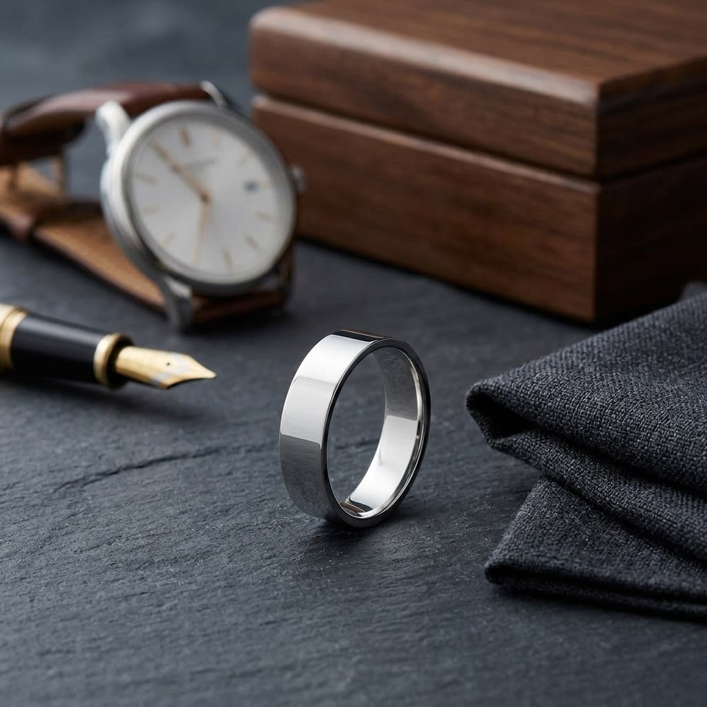 6mm Traditional Flat Wedding Band in 14K White Gold, on walnut surface with pocket square