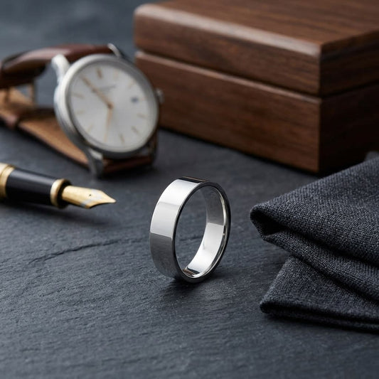 6mm Traditional Flat Wedding Band in 14K White Gold, on walnut surface with pocket square
