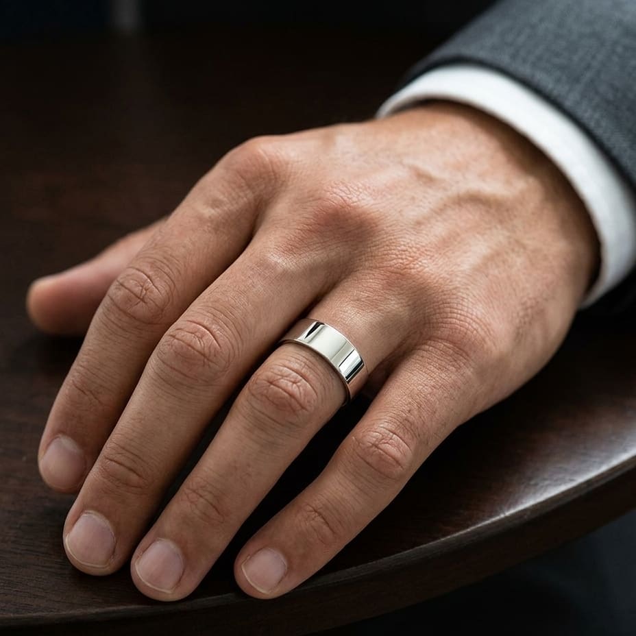 8mm Traditional Flat Wedding Band in 14K White Gold, worn on hand, masculine close-up
