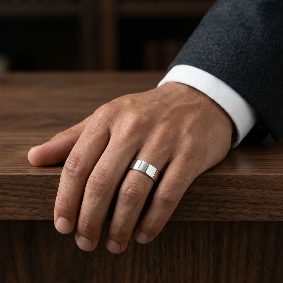 8mm Traditional Flat Wedding Band in 14K White Gold, worn on hand, masculine full view