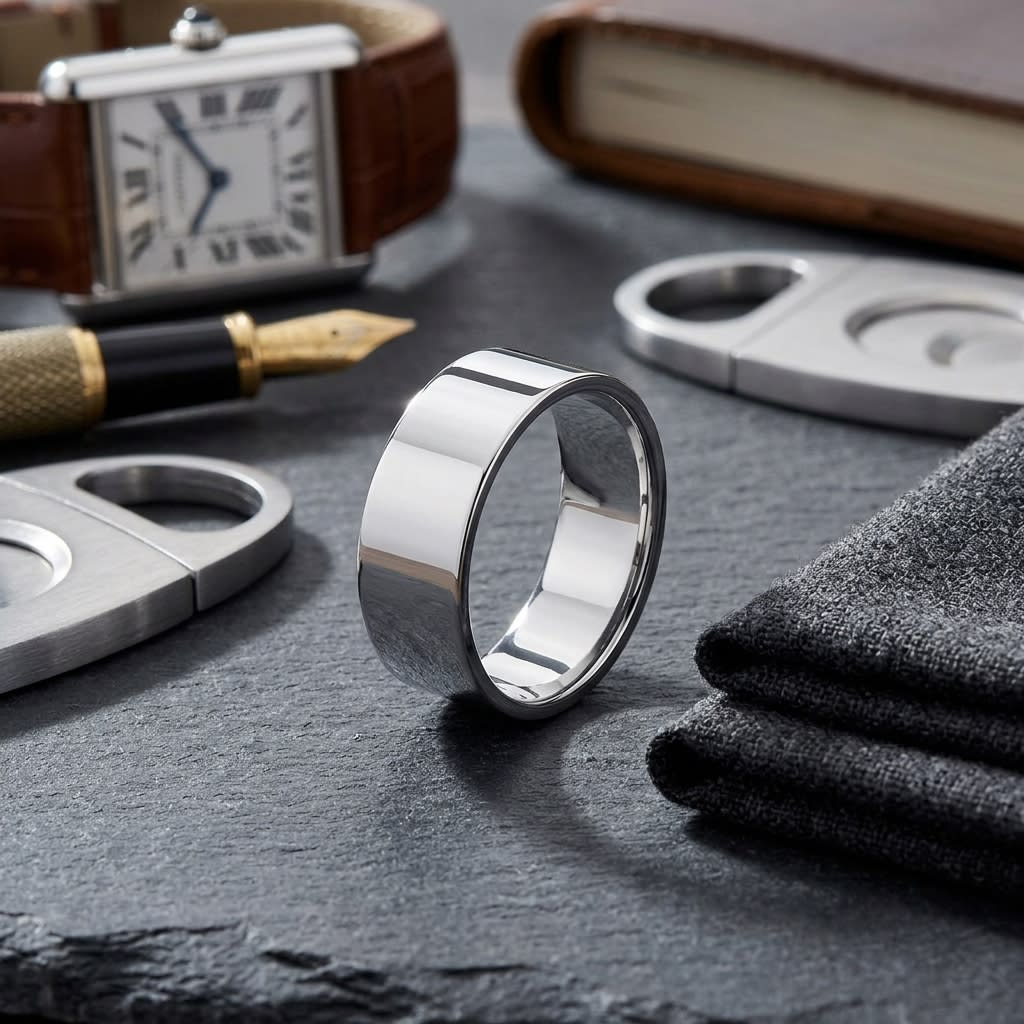 8mm Traditional Flat Wedding Band in 14K White Gold, on walnut surface with pocket square