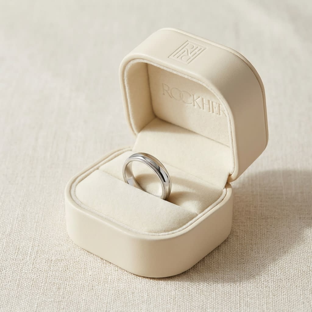 4mm Slightly Domed Traditional Oval Milgrain Wedding Band in 14K White Gold, in navy velvet jewelry box