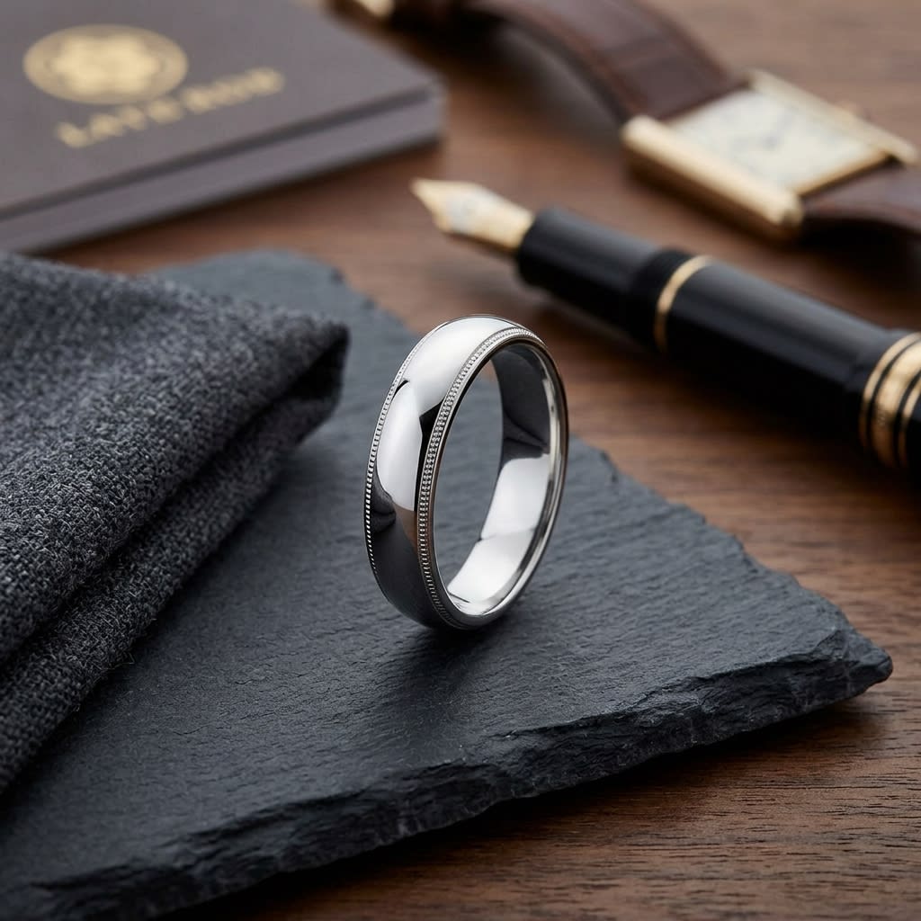 5mm Slightly Domed Traditional Oval Milgrain Wedding Band in 14K White Gold, on walnut surface with pocket square