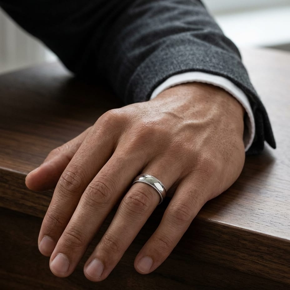 6mm Slightly Domed Traditional Oval Milgrain Wedding Band in 14K White Gold, worn on hand, masculine full view
